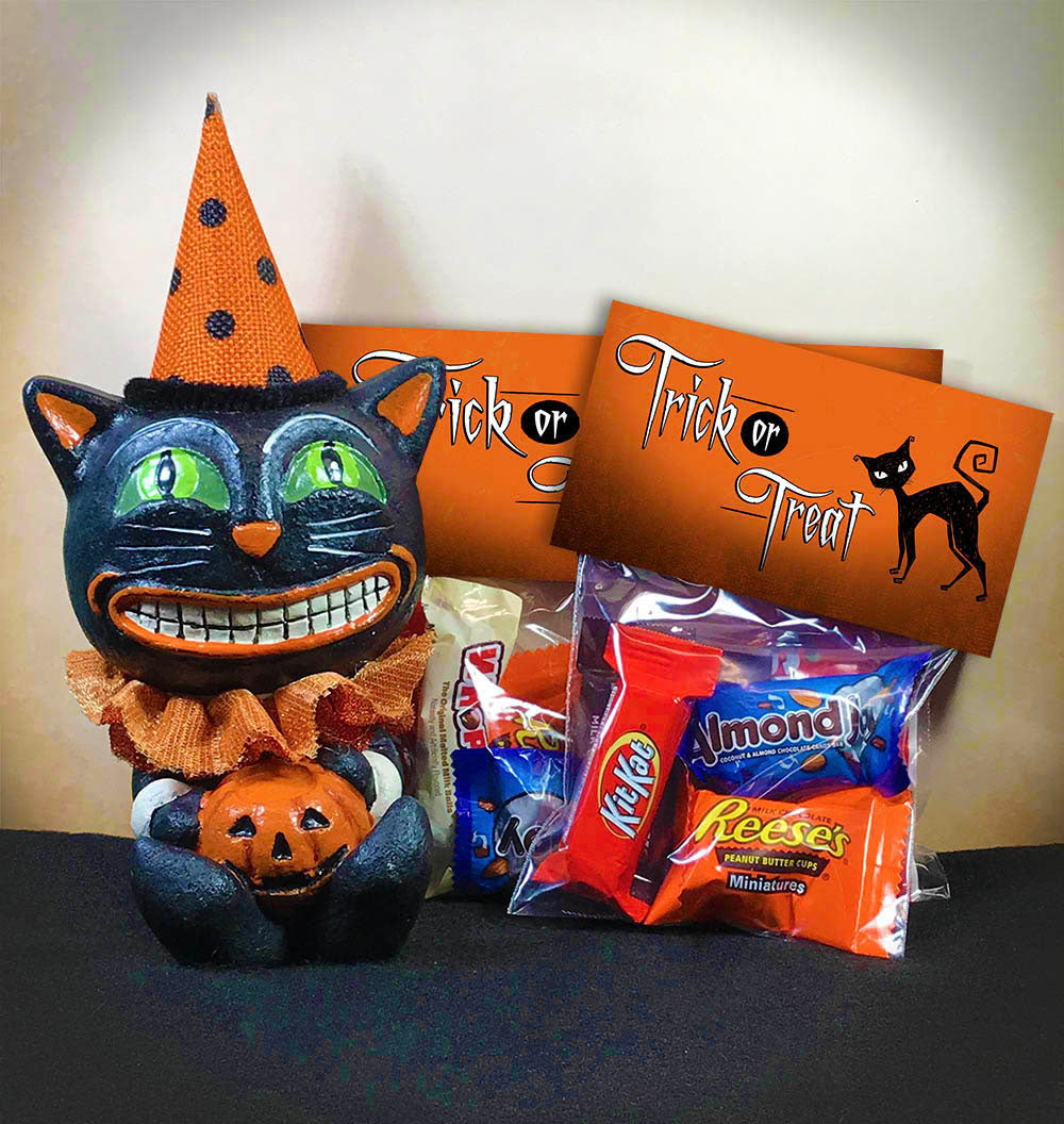 halloween trick or treat printable candy good favor bag toppers party supplies classroom fall festival party black cat kids halloween