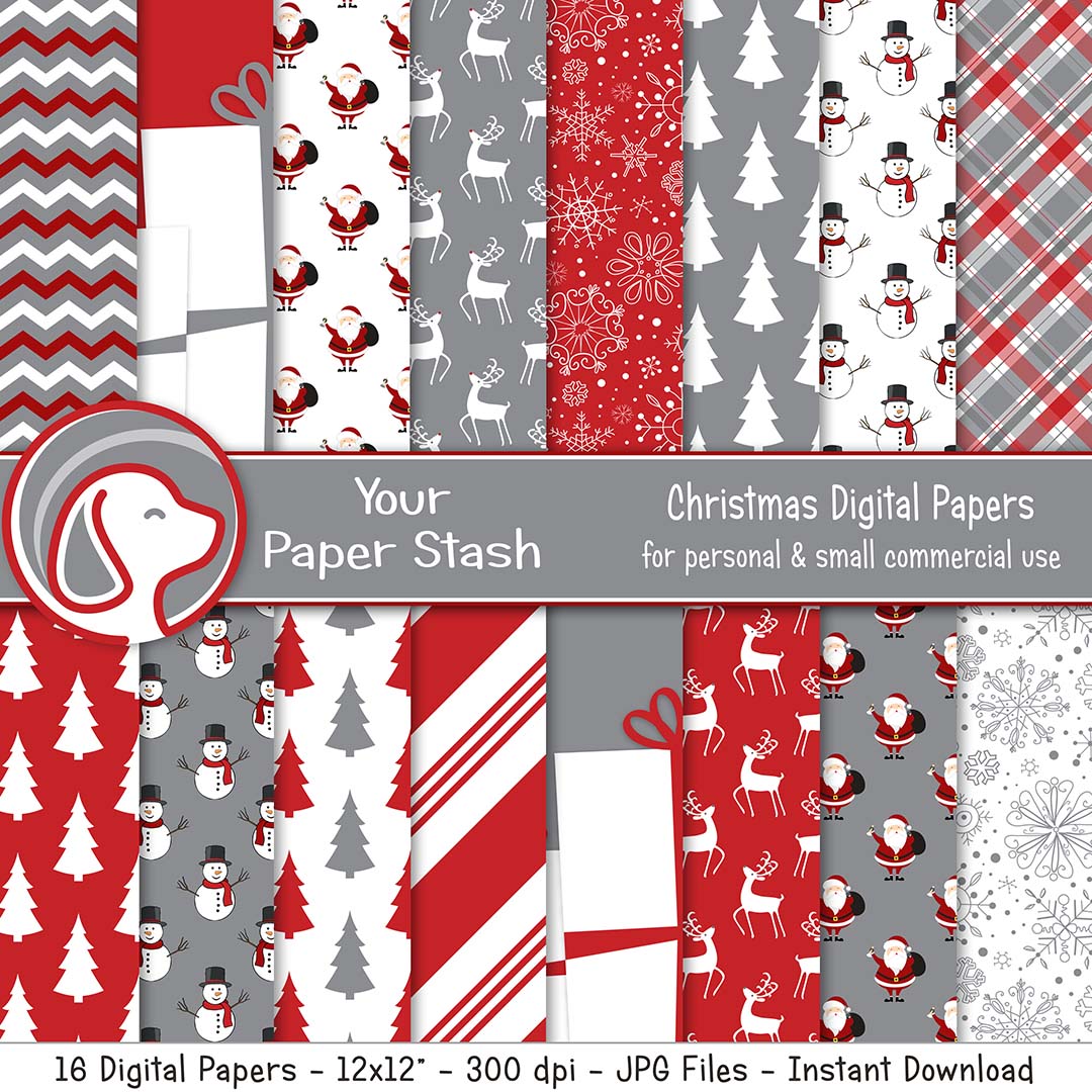red gray christmas digital scrapbook paper reindeer snowman santa snowflakes plaid christmas tree digital backgrounds craft supplies card making decoupage paper