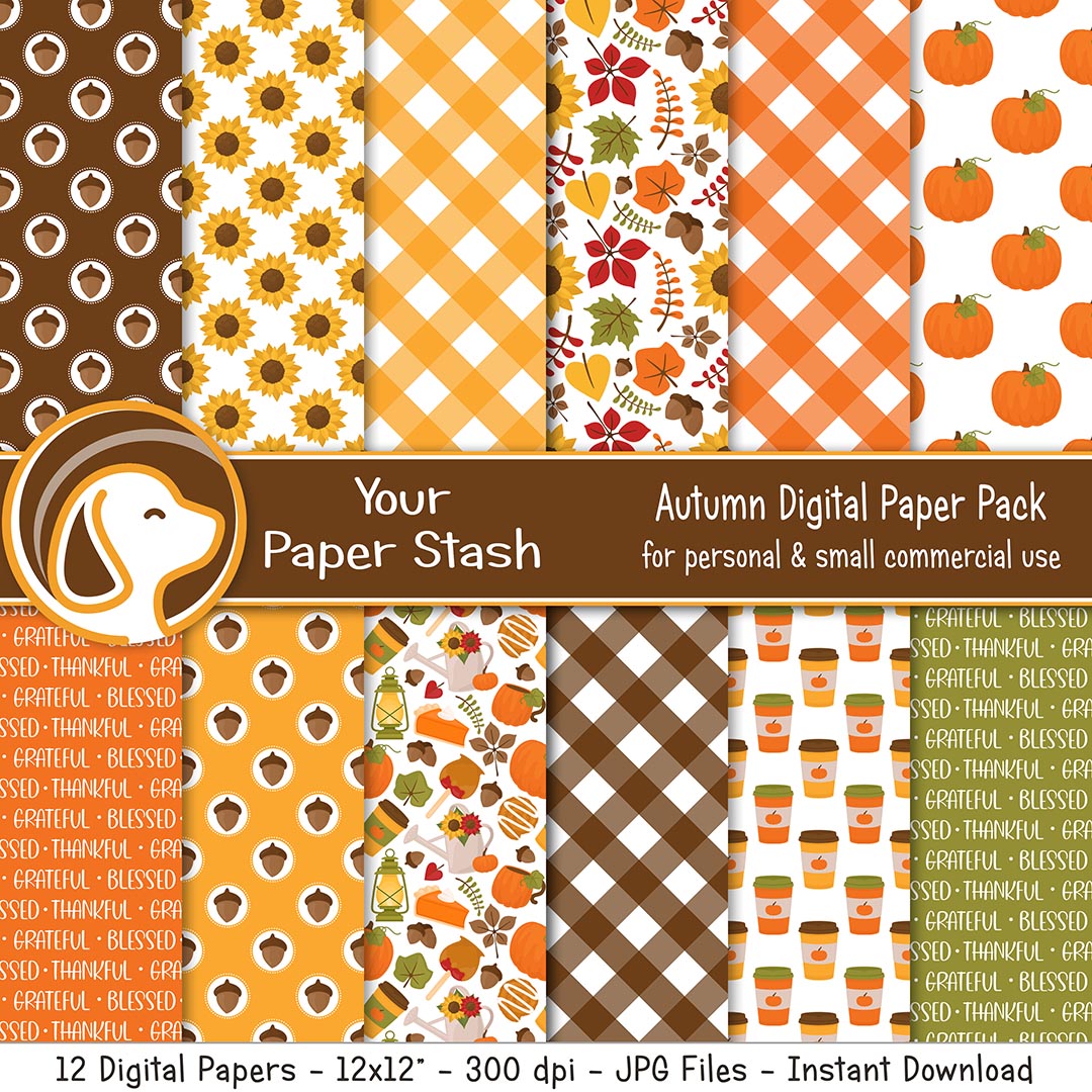 autumn thanksgiving halloween digital scrapbook papers backgrounds paper pack pumpkins leaves lantern acorns blessed thankful grateful digitscrap