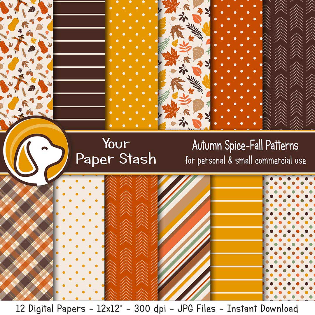 autumn pumpkin spice digital scrapbook paper fall leaves leaf patterns prints plaid tartan arrow stripe harvest gold burnt orange backgrounds