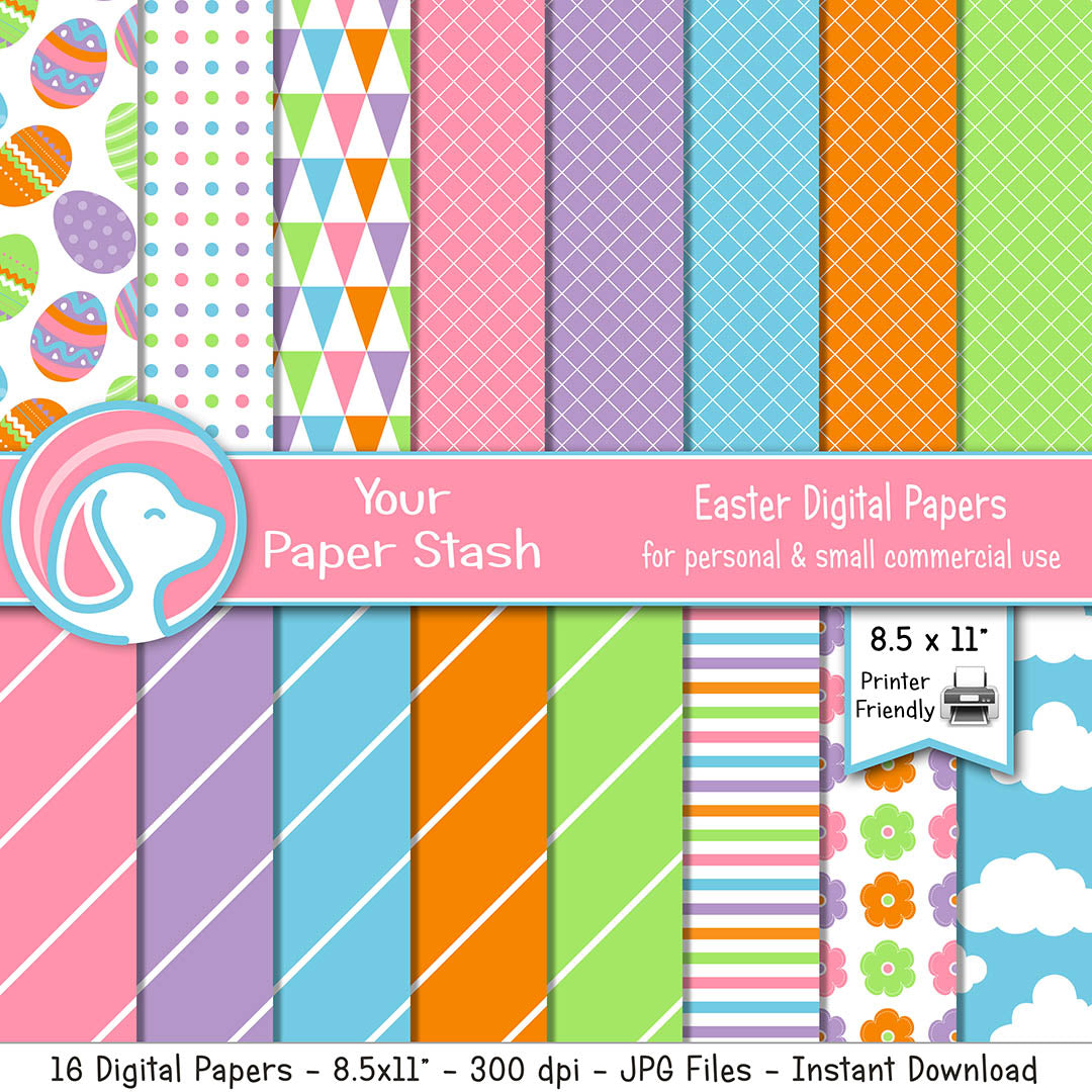 8.5x11" Bright Easter Digital Papers w/ Easter Egg and Cloud Backgrounds