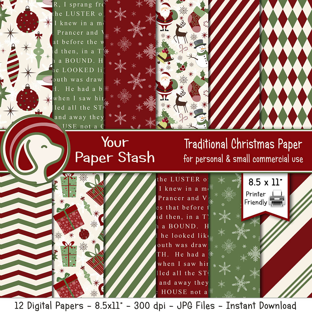 8.5x11 Traditional Christmas Digital Scrapbooking Paper