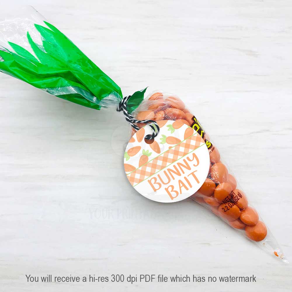 Size details of the Easter Bunny Bait Tags, available in round rectangle and square shapes. Printable in high resolution, designed for treat bags, party favors, and kids’ Easter crafts