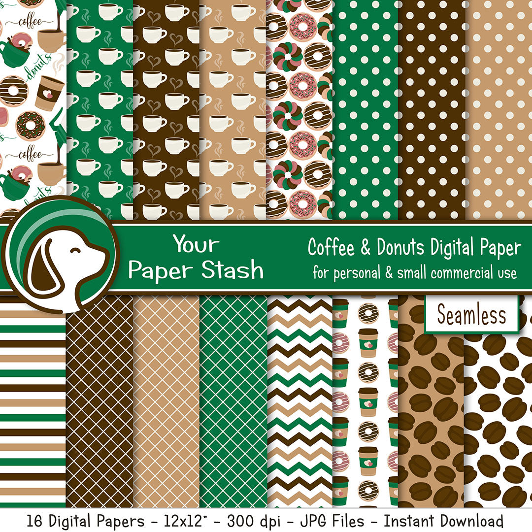 coffee shop digital scrapbook paper pack, donut doughnut shop digital papers