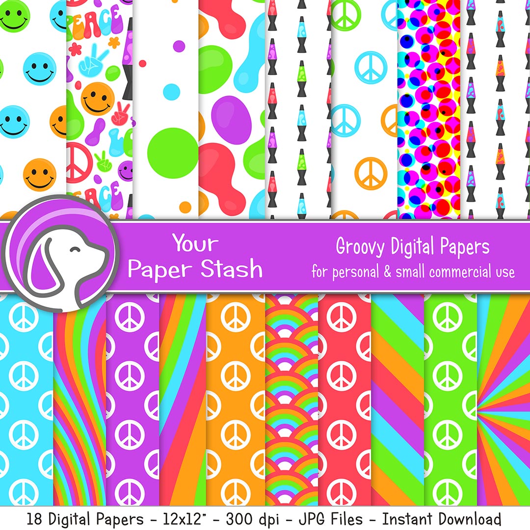 retro groovy flower power digital scrapbook paper, hippie backgrounds