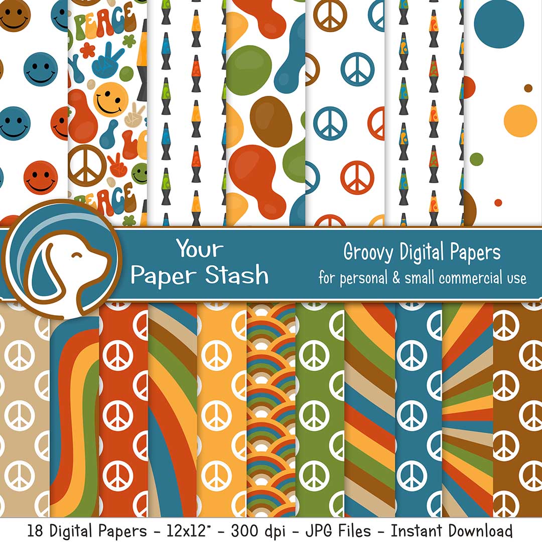 retro 60s 70s hippie digital scrapbook papers, lava lamp backgrounds, peace love groovy clipart, your paper stash