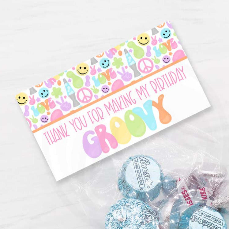 printable groovy treat bag toppers, hippie party favor bags, retro 60s 70s cookie bag toppers, birthday printables