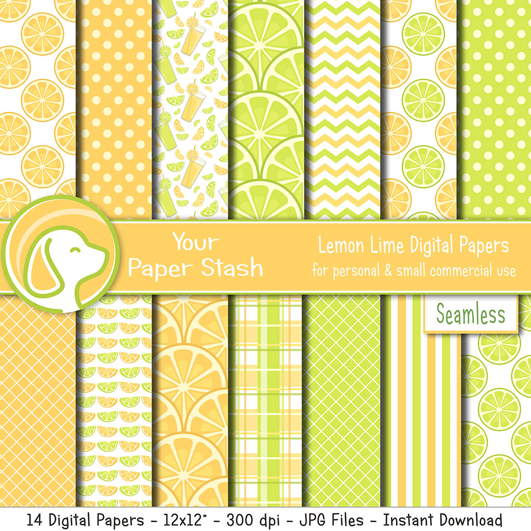 Lemon Lime Digital Scrapbook Papers, Lemonade Limeade Digital Backgrounds and Patterns, Summer Digital Paper Pack