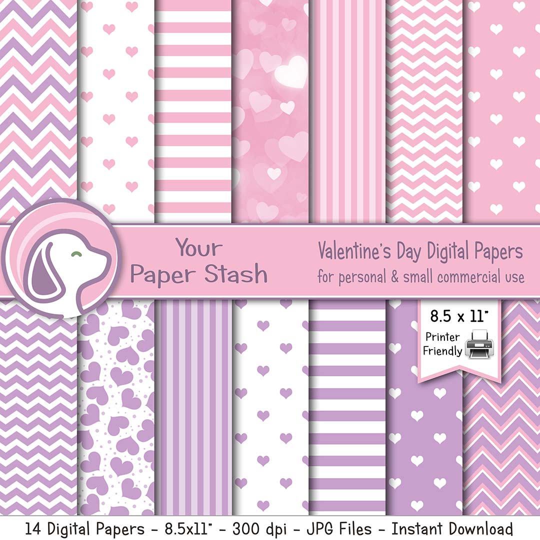 pink lavender purple heart valentine valentine's day digital scrapbook scrapbooking paper stationery paper crafts classroom teachers chevrons stripes instant download
