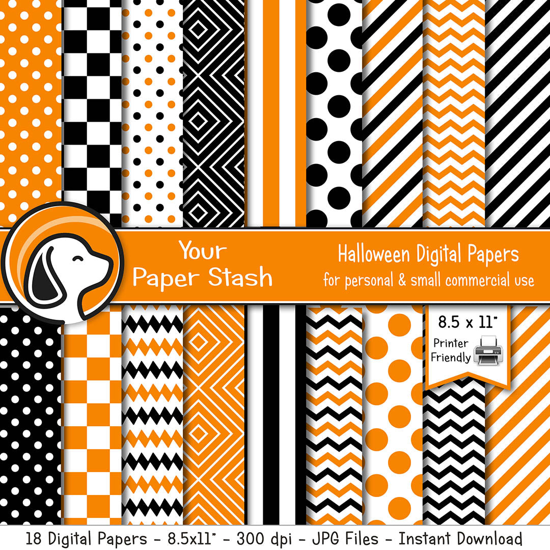 printable orange black halloween geometric digital scrapbook paper backgrounds polka dot diamonds chevron stripes checkerboard patterns