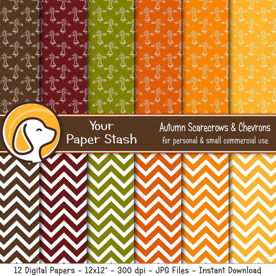 pumpkin autumn spice olive green harvest gold rust burnt orange digital scrapbook paper scarecrow chevron backgrounds instant download
