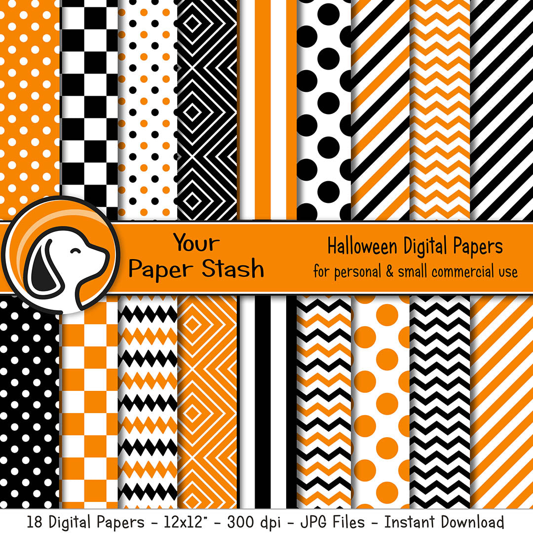 Orange and Black Digital Scrapbook Papers w/ Geometric Patterns
