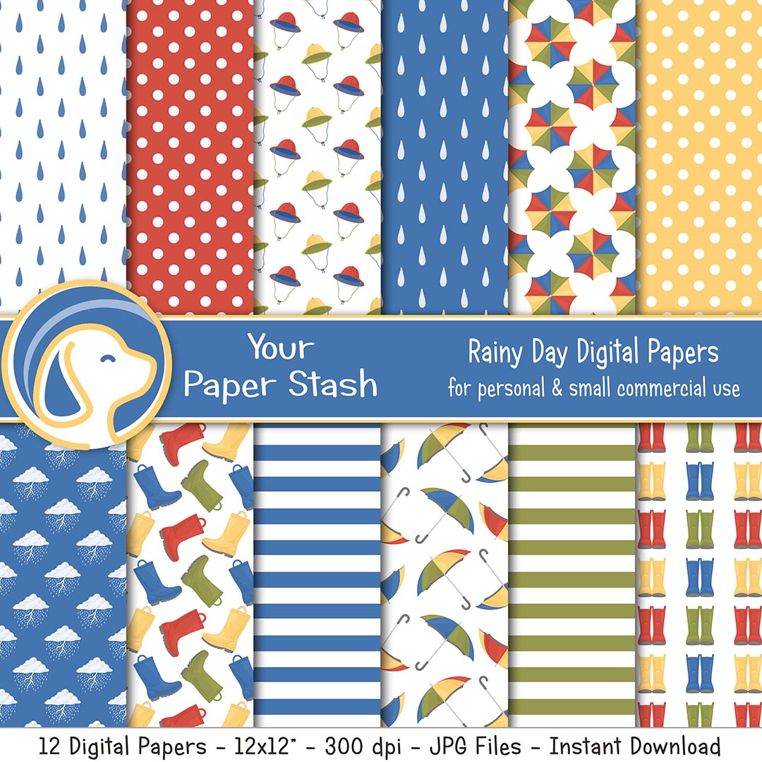 Rainy Day Digital Scrapbook Papers with Raindrops Rain Boots & Umbrella Patterns, April Showers Rainbow Digital Paper Pack