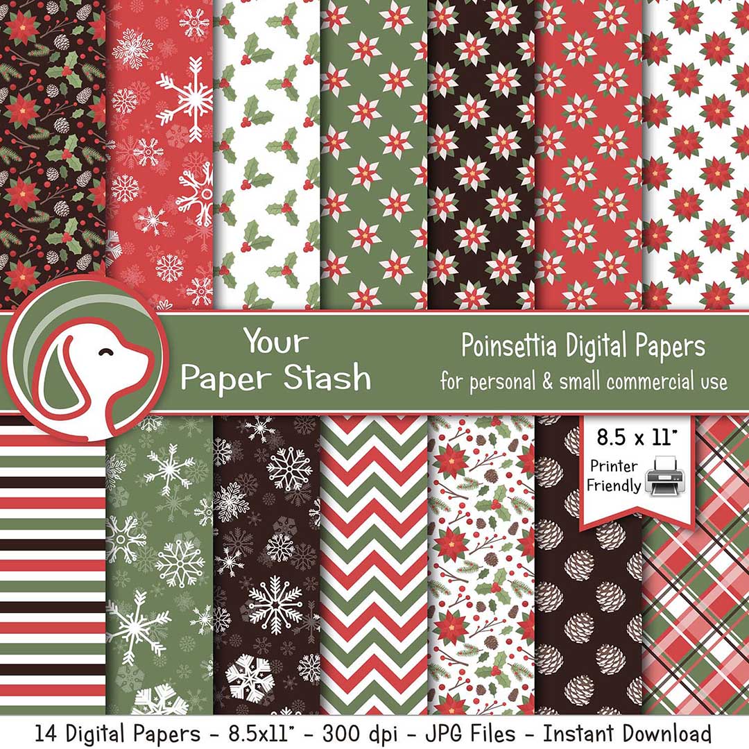 8.5x11" Poinsettia Christmas Digital Scrapbook Papers