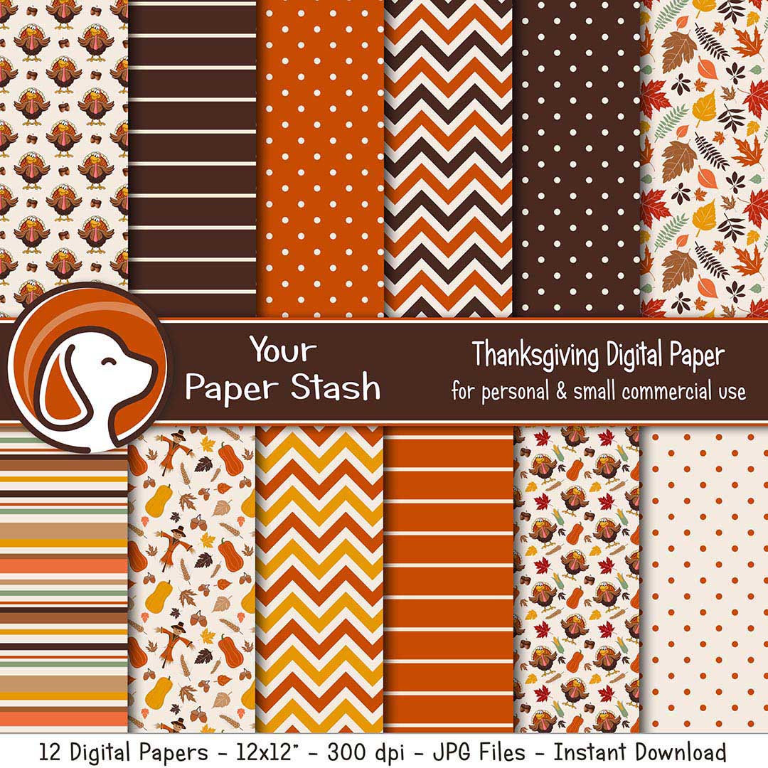 Thanksgiving Digital Scrapbook Papers w/ Turkeys & Autumn Leaves