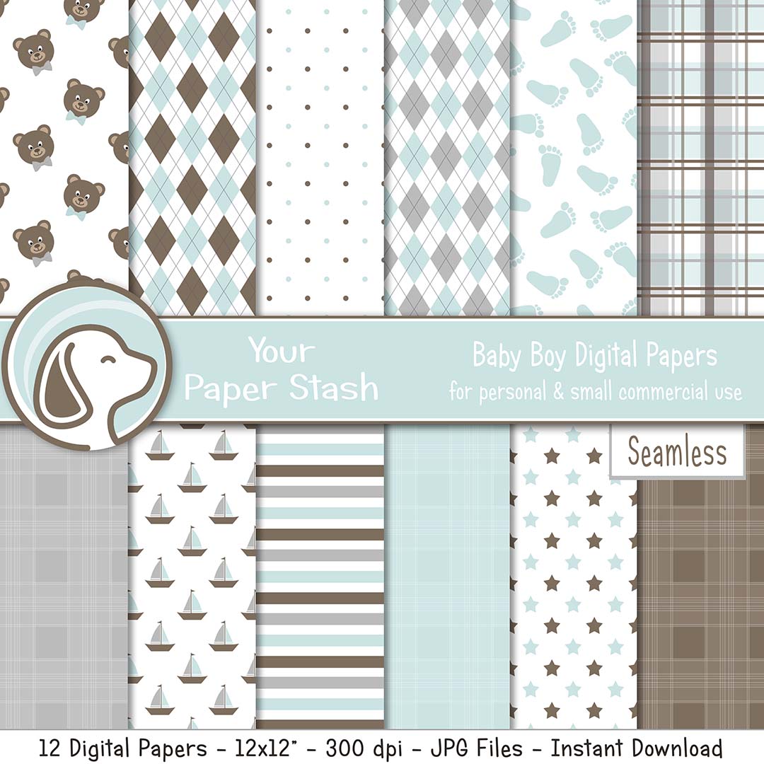light blue baby boy digital scrapbook paper backgrounds teddy bear polka dot argyle footprint plaid sailboat star