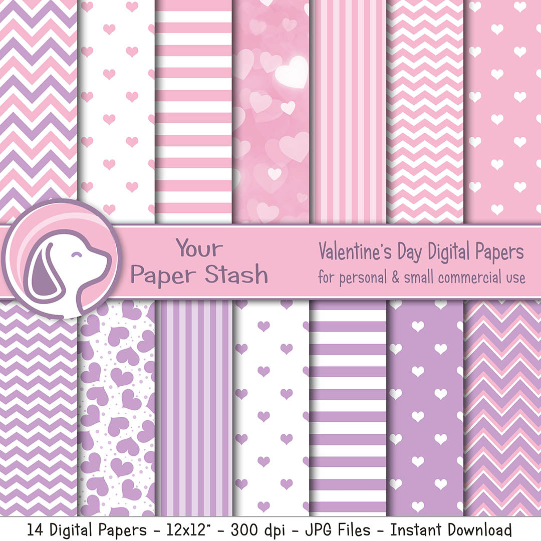lavender and pink heart digital scrapbook papers for valentine's day