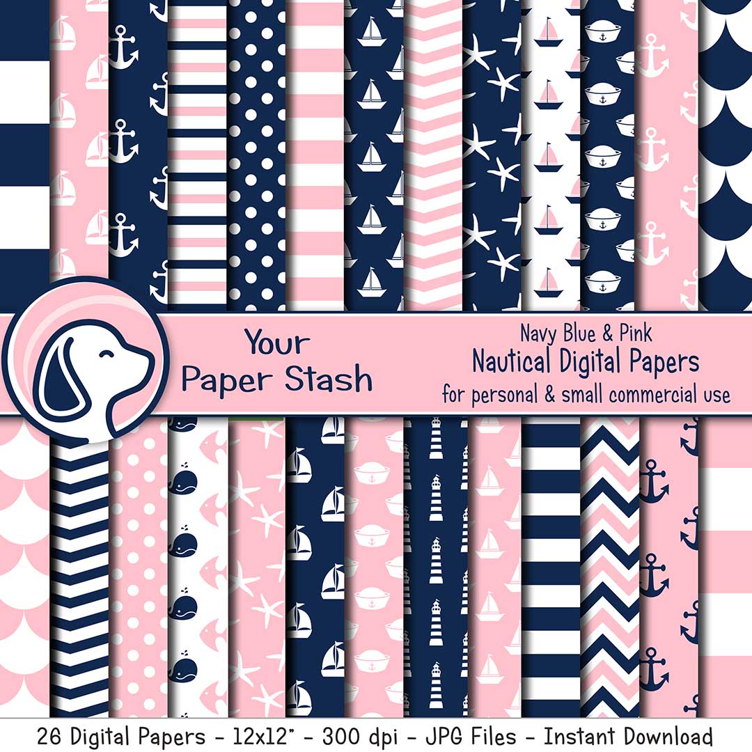 pink blue nautical theme digital paper backgrounds anchor fish scale sailboat chevron starfish baby shower gender reveal digital backgrounds anchors aweigh girl 1st birthday scrapbooking