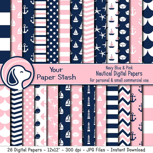 pink blue nautical theme digital paper backgrounds anchor fish scale sailboat chevron starfish baby shower gender reveal digital backgrounds anchors aweigh girl 1st birthday scrapbooking