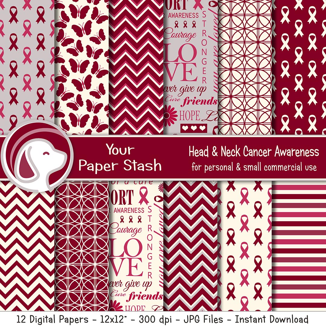 head neck cancer awareness digital paper pack burgundy ivory hope ribbon backgrounds