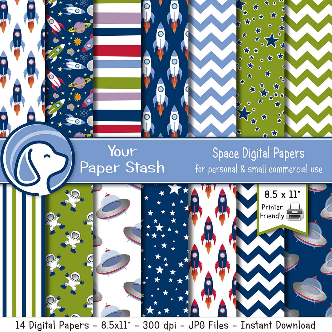 space theme digital scrapbook paper backgrounds printable spaceship rocket astronaut ufo stars galaxy chevrons backgrounds