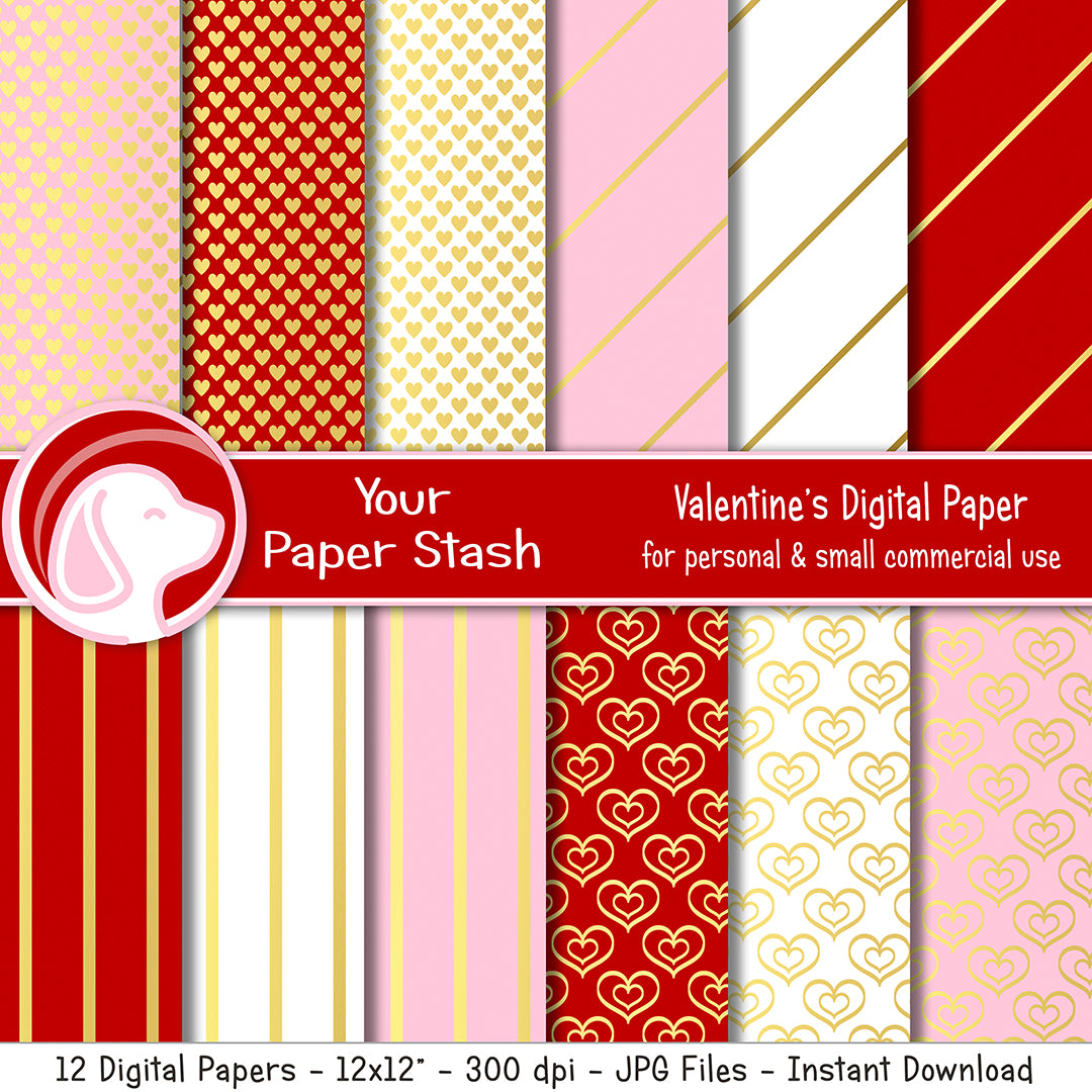 Red Pink Gold Valentine Hearts Digital Scrapbook Paper
