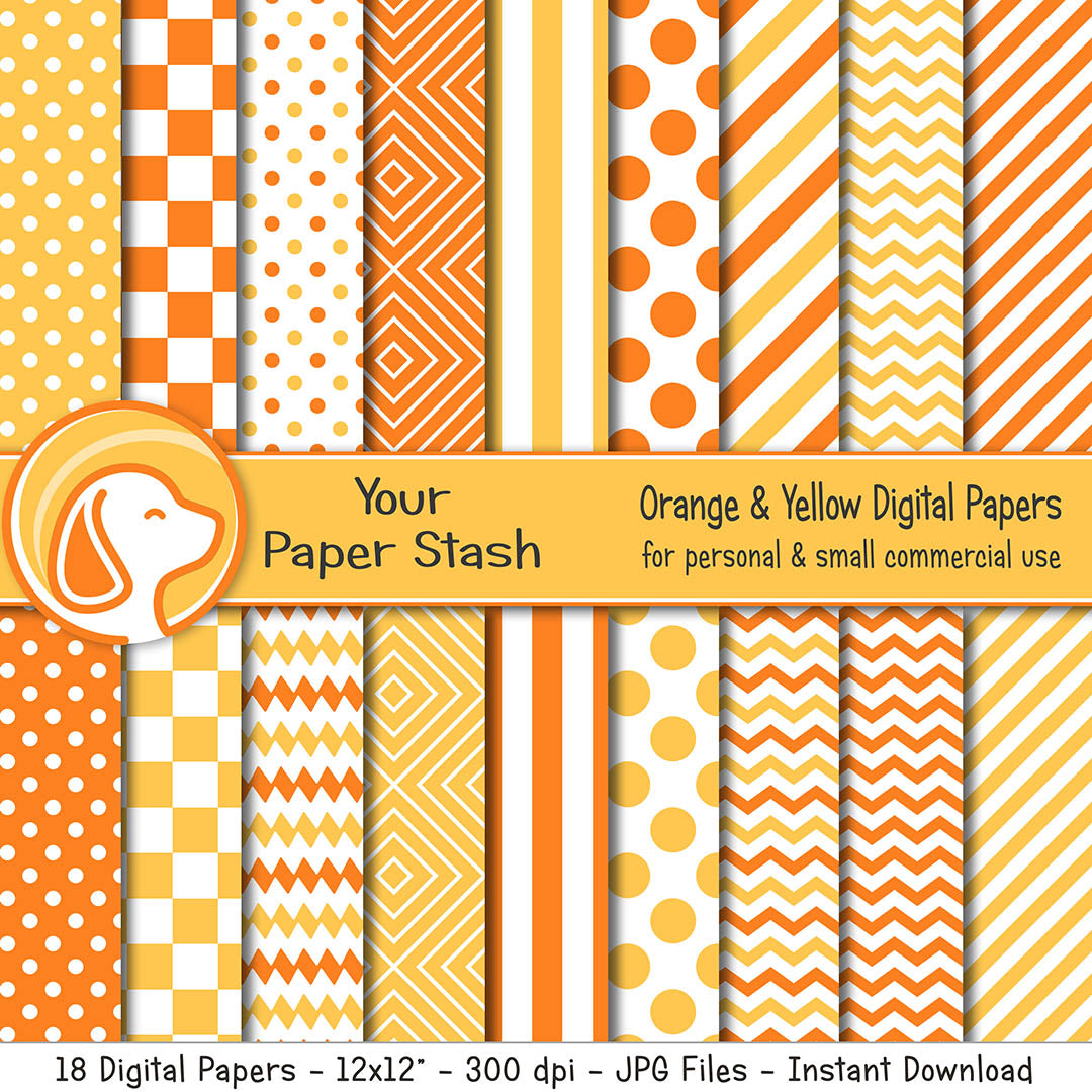 Orange and Yellow Digital Scrapbook Papers for Birthdays and Halloween With Geometric Patterns