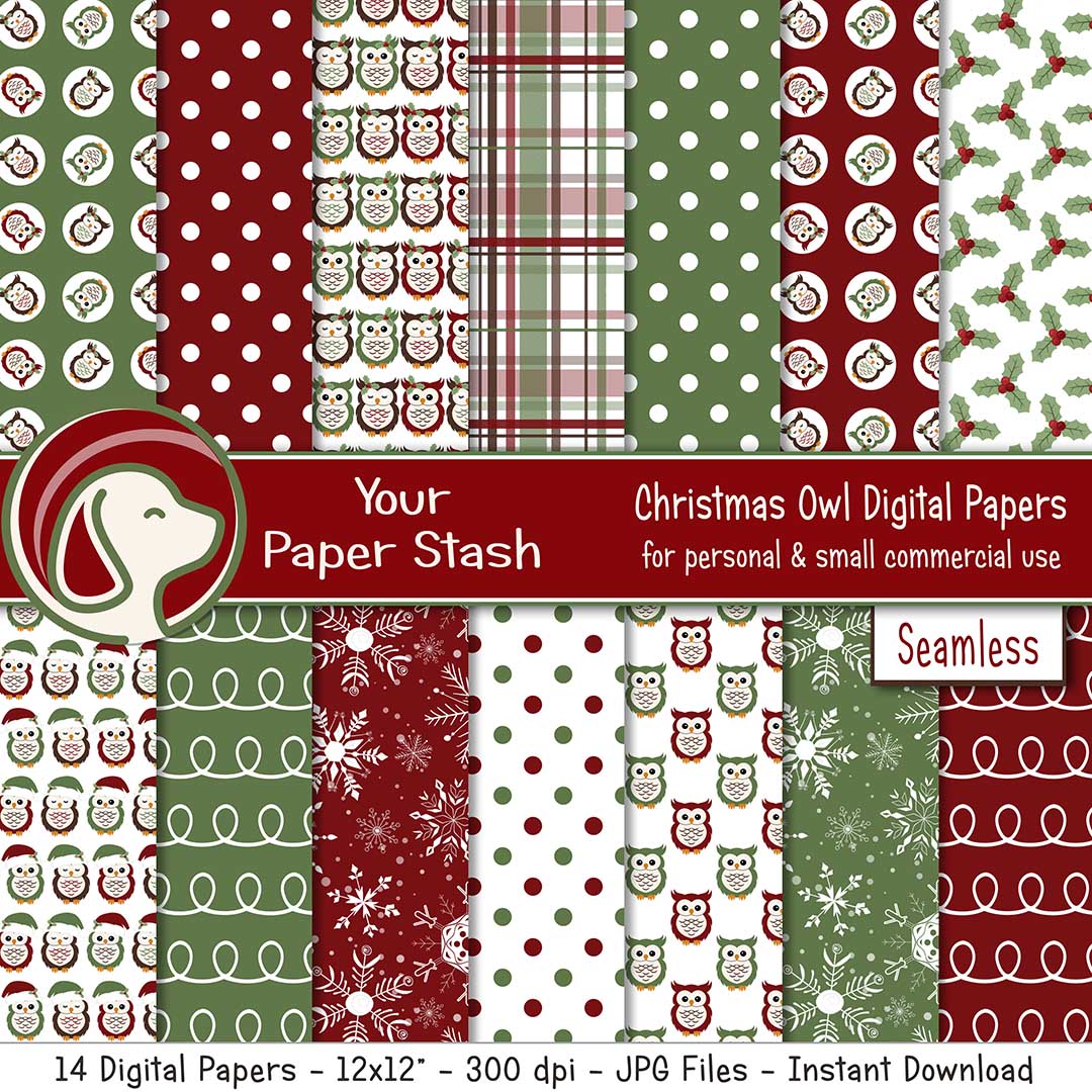 Christmas Owl Digital Scrapbook Paper Backgrounds