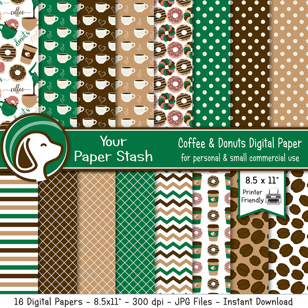 printable coffee donut shop digital scrapbook paper pack