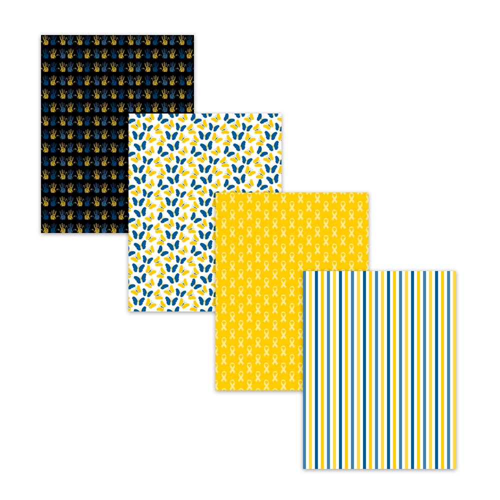 Down syndrome awareness digital paper pack with blue and yellow ribbon patterns and inclusion themed backgrounds