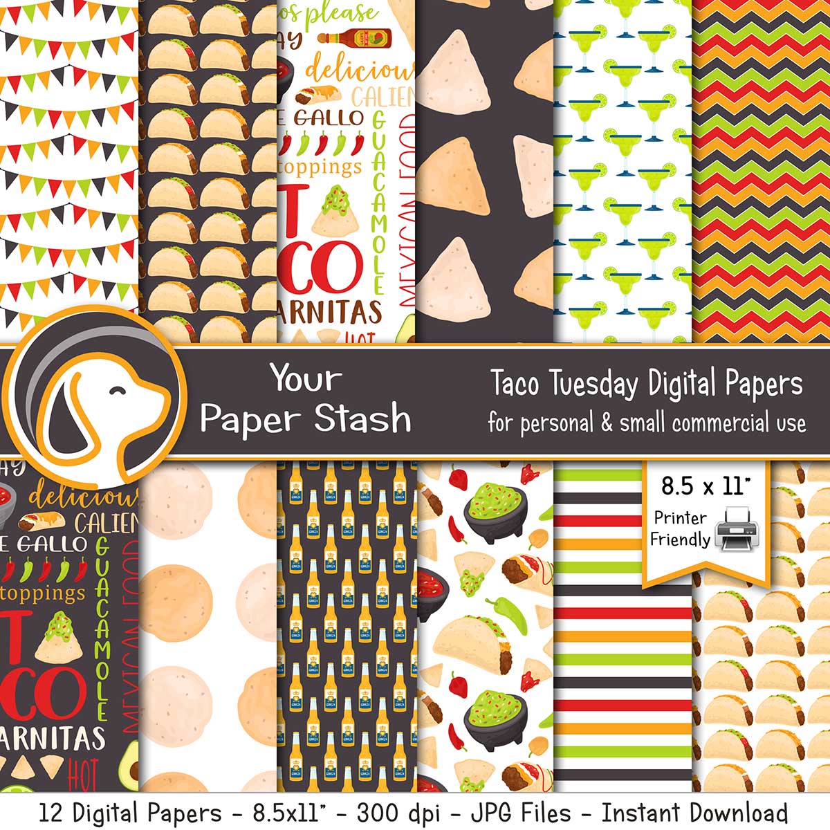 printable taco tuesday digital scrapbook papers backgrounds burrito chipps salsa beer margarita guacamole banner craft supplies