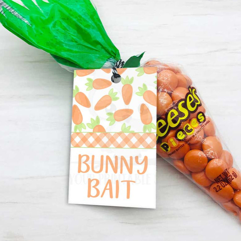 High-resolution Easter Bunny Bait Gift Tags with playful carrot designs. Includes both round and square printable tags for Easter treat bags and favors.