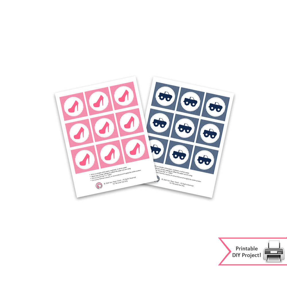 Heels or Wheels Gender Reveal Party Gift Tags and Party Favors, Baby Shower Cupcake Toppers,