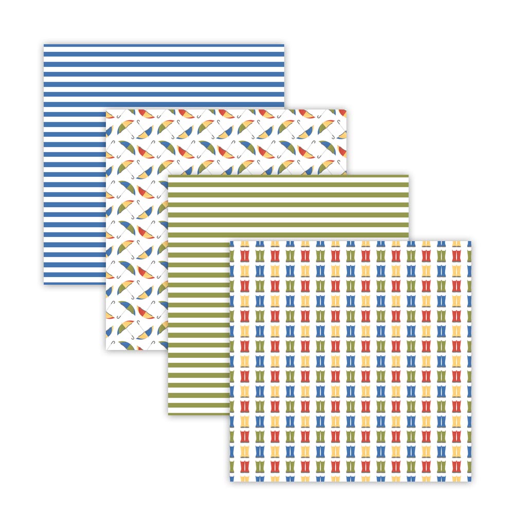 Rainy Day Digital Scrapbook Papers with Raindrops Rain Boots & Umbrella Patterns, April Showers Rainbow Digital Paper Pack