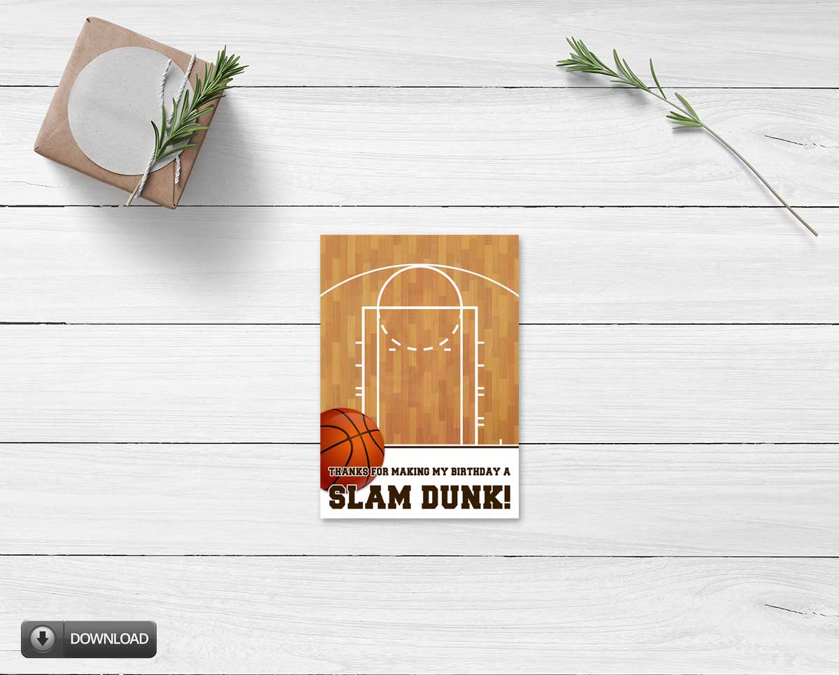 boy birthday party cookie card, basketball slam dunk thank you card, sports theme party favors