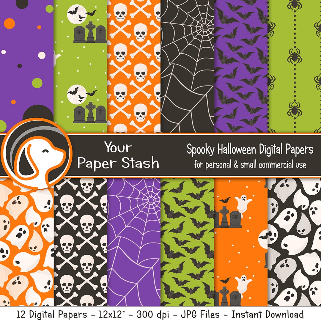spooky halloween digital scrapbook paper backgrounds spider web skull crossbone cemetery bats spiders spider web ghosts craft supplies planner supplies your paper stash