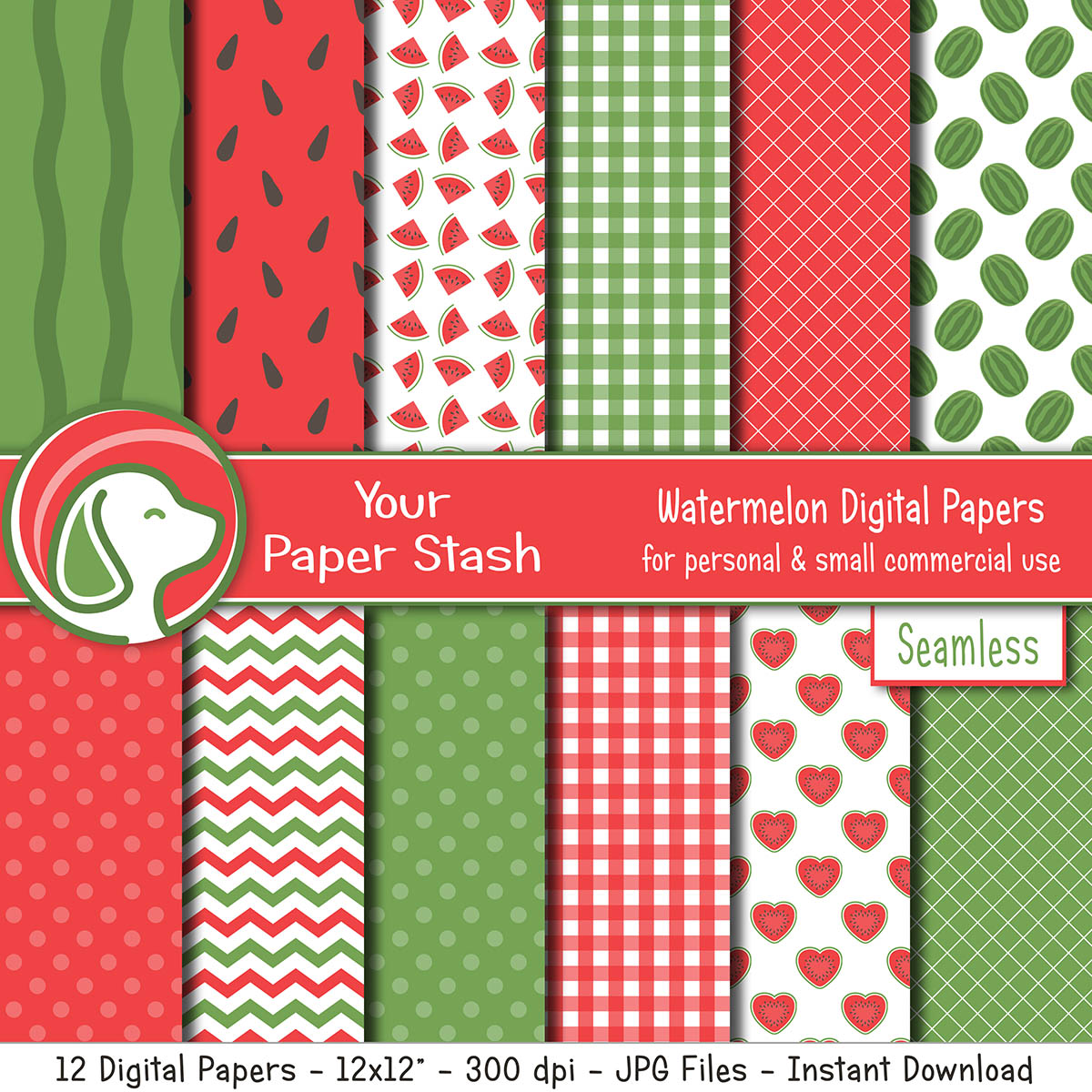 summer watermelon digital scrapbook paper backgrounds gingham chevrons polka dot lattice patterns designs commercial use