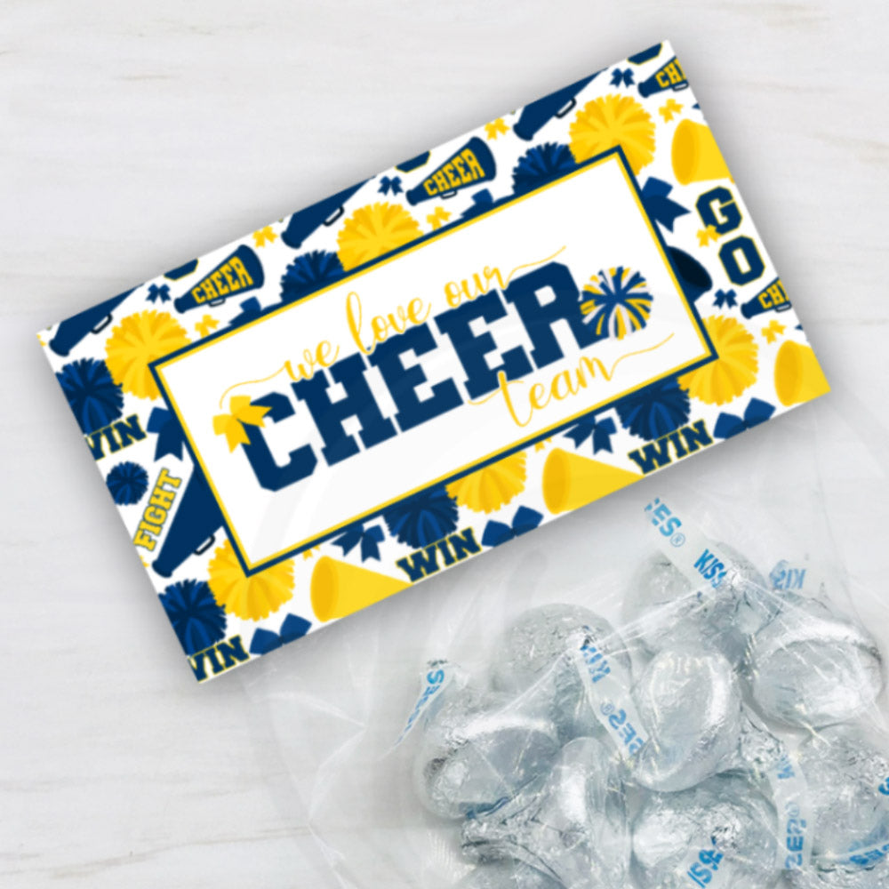 blue yellow cheer team bag toppers, cheerleading cookie bag topper