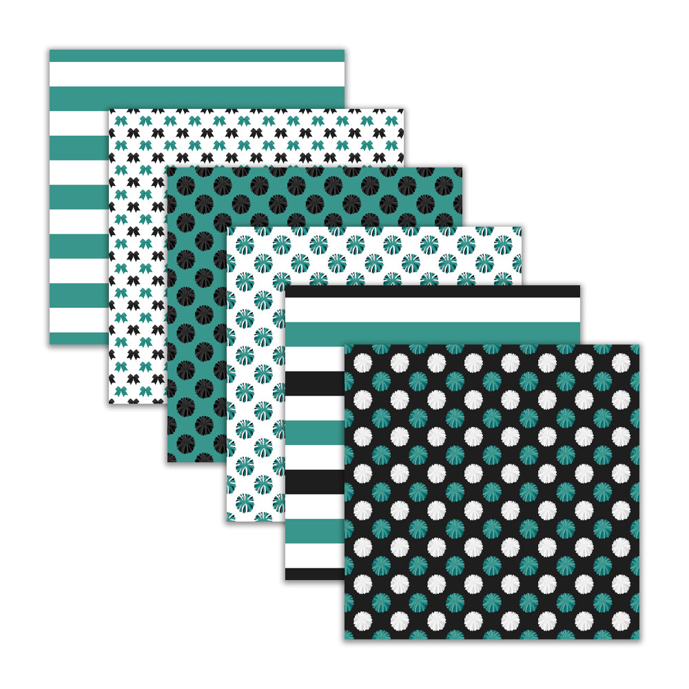 Black and teal striped digital scrapbook paper cheer theme. Cheerleading word art digital paper with pom poms and phrases
