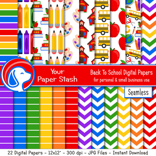 Back to School seamless digital paper pack with colorful school themed patterns for classroom design, worksheets, scrapbooking, and crafts