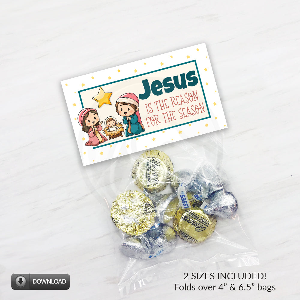 Printable nativity treat bag topper featuring Mary, Joseph, and baby Jesus under a star with the phrase “Jesus Is the Reason for the Season” – Christian Christmas party favor design.