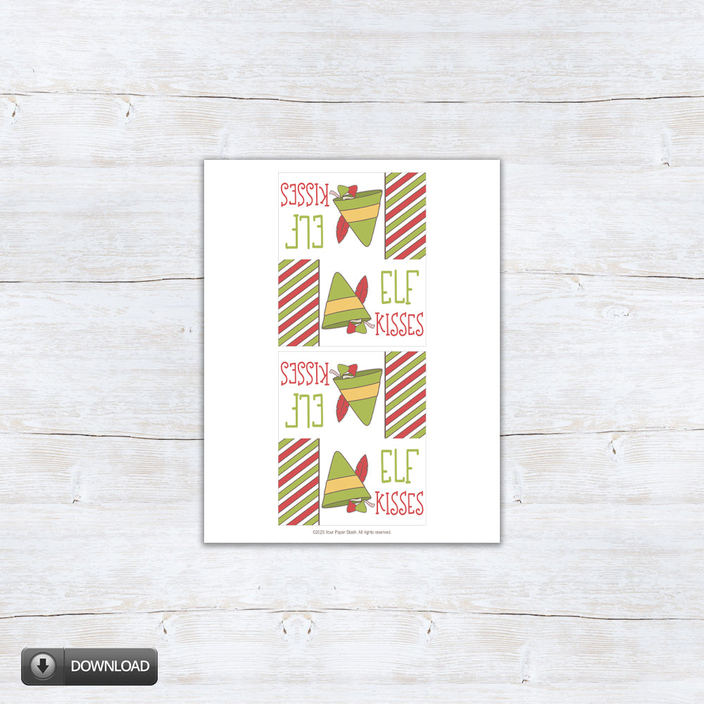 Printable Elf Kisses Christmas treat bag toppers for cookie and candy bags. Design includes cute elf hate with kisses candy clipart, kid friendly fonts, and green and red striped background pattern. Instant download item, 2 sizes included.