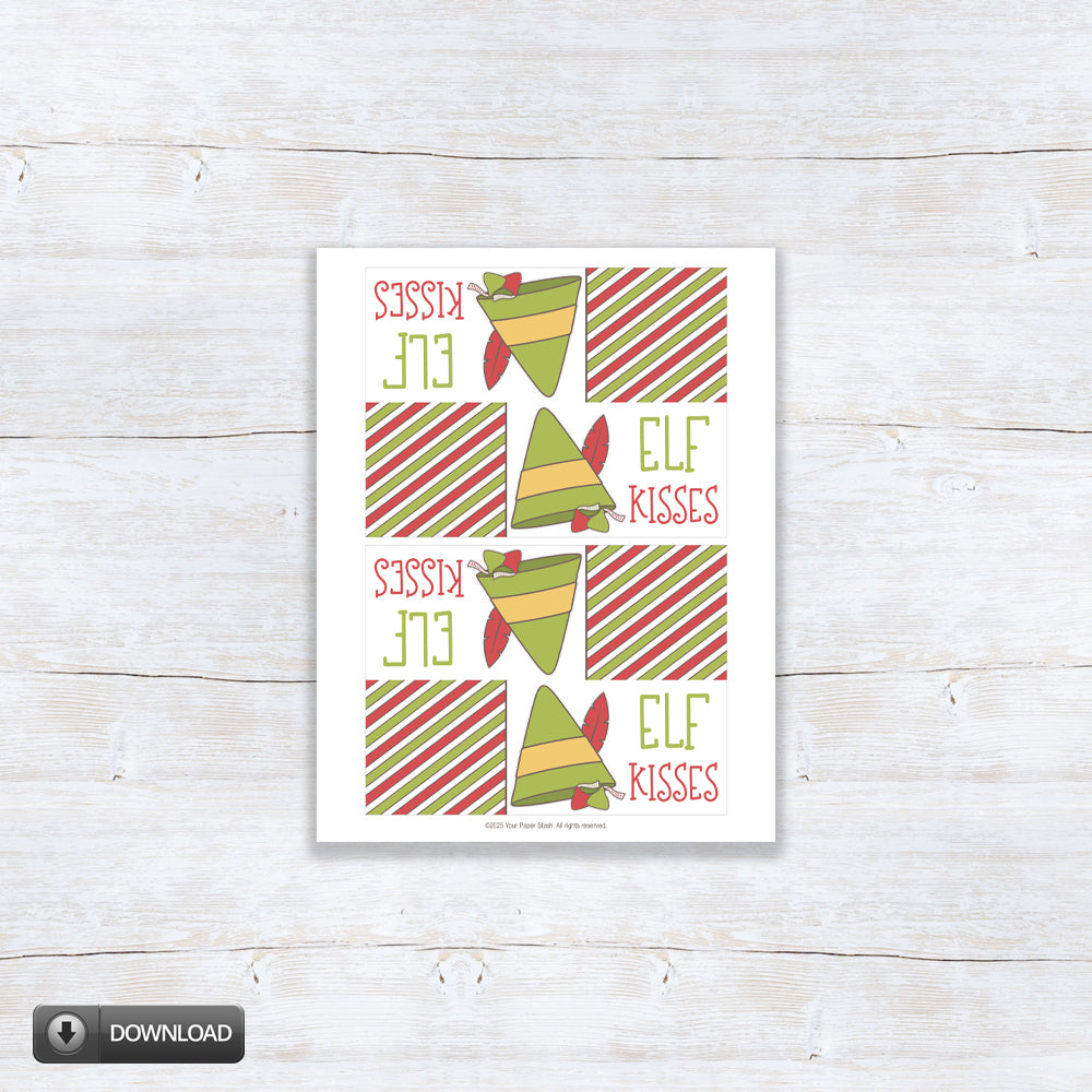 Printable Elf Kisses Christmas treat bag toppers for cookie and candy bags. Design includes cute elf hate with kisses candy clipart, kid friendly fonts, and green and red striped background pattern. Instant download item, 2 sizes included.