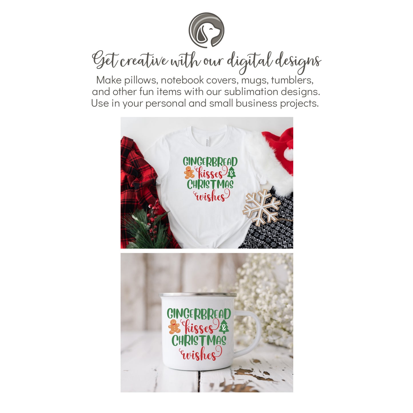 Gingerbread Kisses Christmas Wishes Sublimation Design