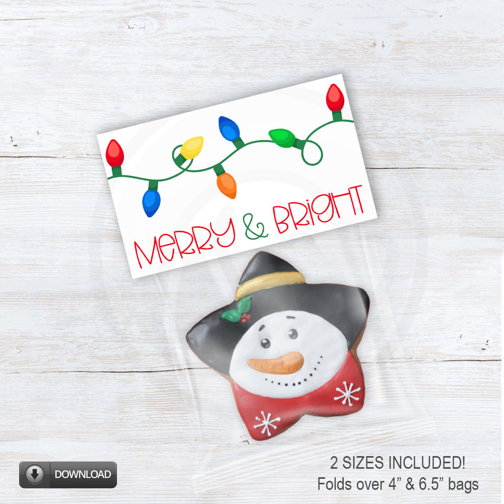 printable Christmas cookie and candy bag toppers for holiday parties with Christmas lights and the words Merry and Bright