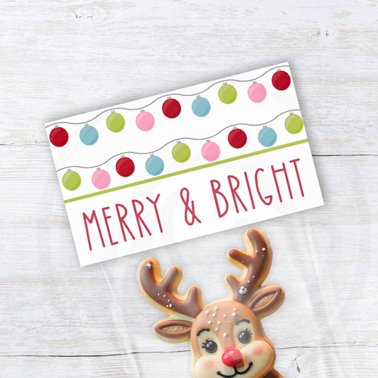 printable Christmas merry and bright treat candy and cookie bag topper with retro ornament design 