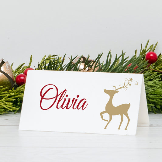 printable Christmas place cards with gold reindeer illustration - editable word document