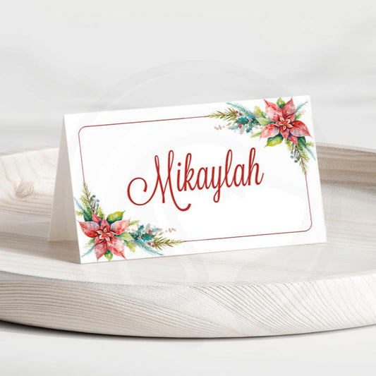 printable editable Christmas poinsettia place food name tent cards