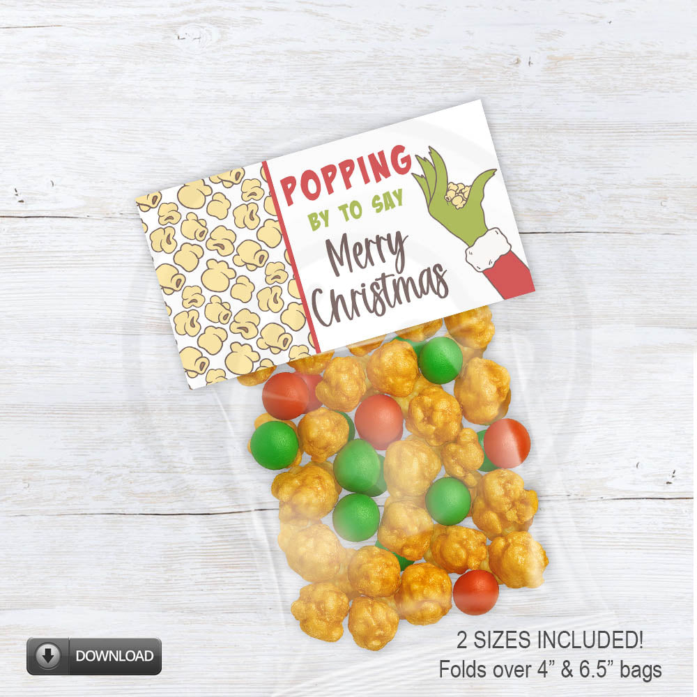 Printable Christmas holiday "Popping by to say Merry Christmas" popcorn treat bag topper. Two sizes included in download. Popcorn background with cute green hand and trendy fonts.