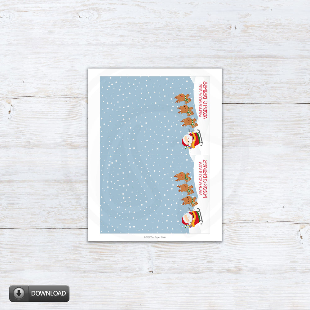 5x7 Christmas printable cookie card or note cards with Santa and his reindeer-download